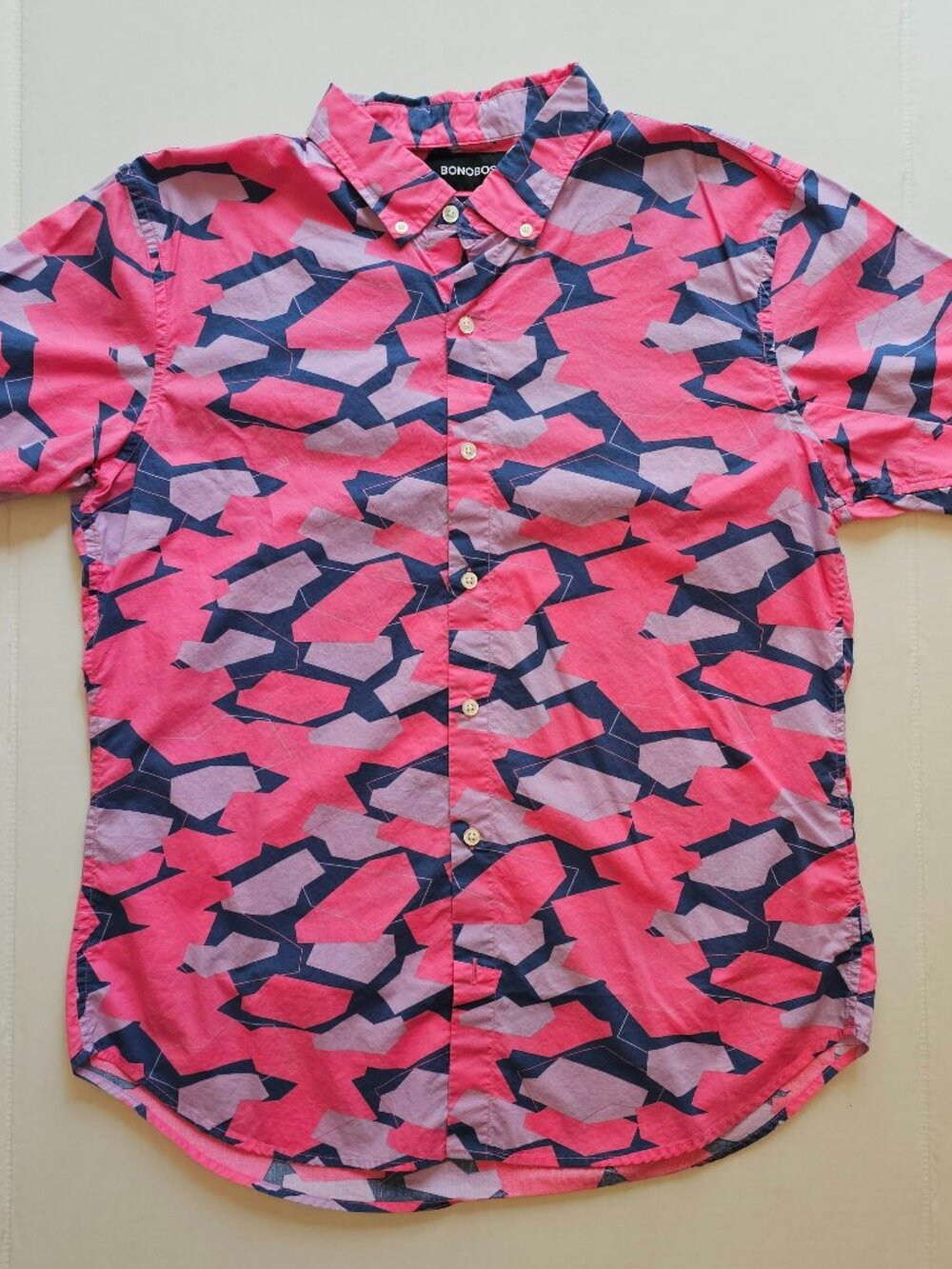 Bonobos Mens Riviera Button Down Short Sleeve Shirt - Pink Geo Run (2019) Size L
